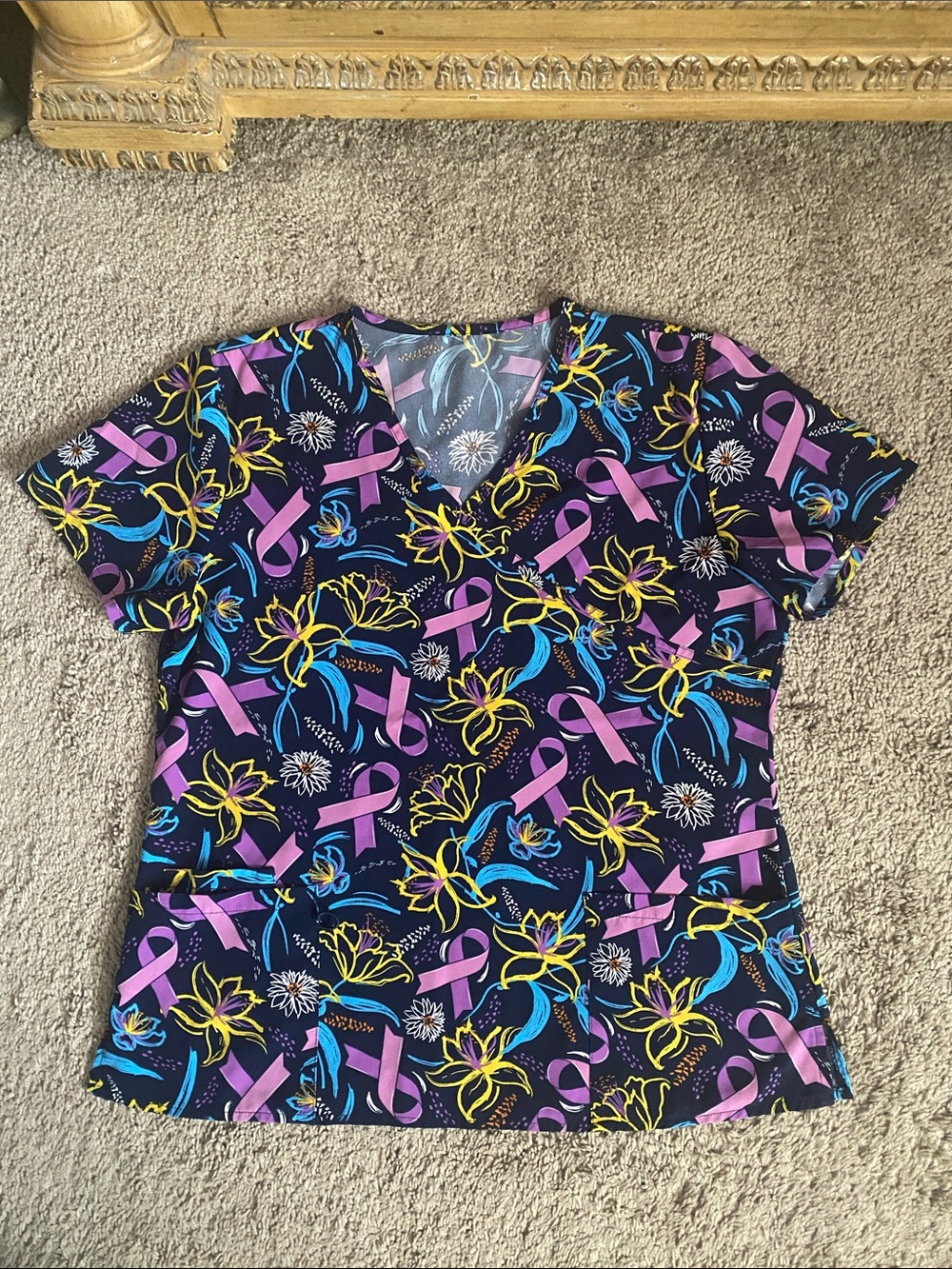 HeartSoul Black V-Neck Scrub Top with Pink Ribbon & Yellow-Blue Floral Accents